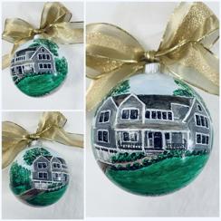 Hand painted home ornament; custom painted ornament of your home with family name on bottom or back