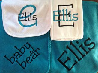 Embroidered baby blanket, bib & burp cloth