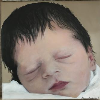 Portrait Artist; Maureen Brady Page paints dog portrait; hand painted pet portrait; acrylic on canvas portrait of your pet from a photo